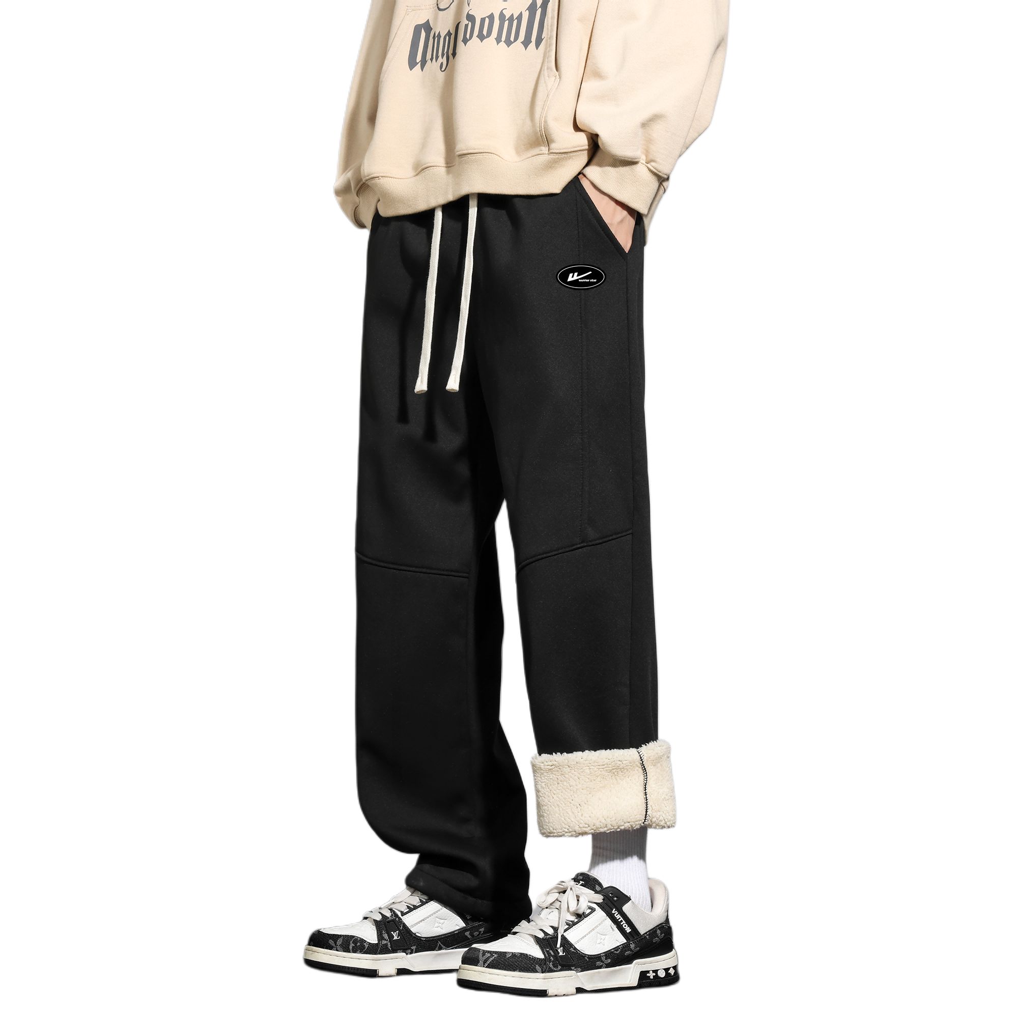 

Хлопковые брюки Unisex утепленные с флисовой подкладкой прямого кроя WARRIOR, черный (graphene knee protector diy badge)