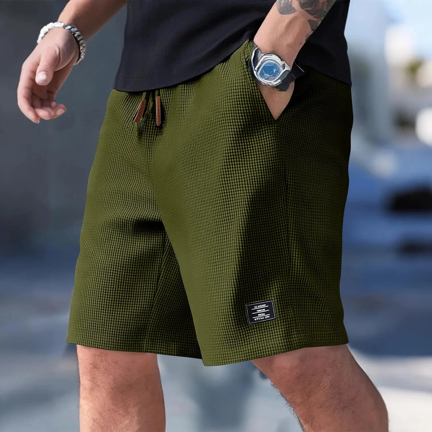 Мужские шорты Active из вафельной ткани с вышивкой, A-army Green — фото 2