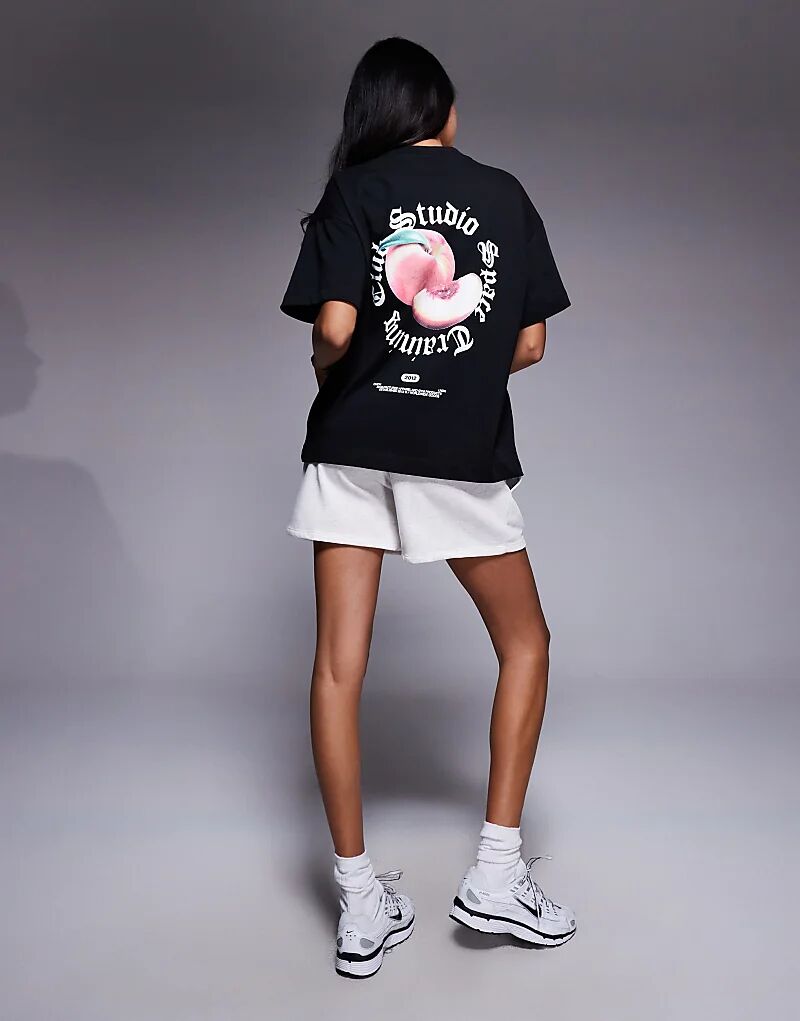 

Футболка свободного кроя из плотного хлопка 4505 с принтом персика на спине черного цвета