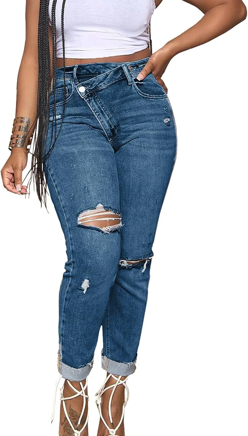 

Женские джинсы Asymmetrical Ripped с эффектом потертости, стиль Boyfriend Liposhion