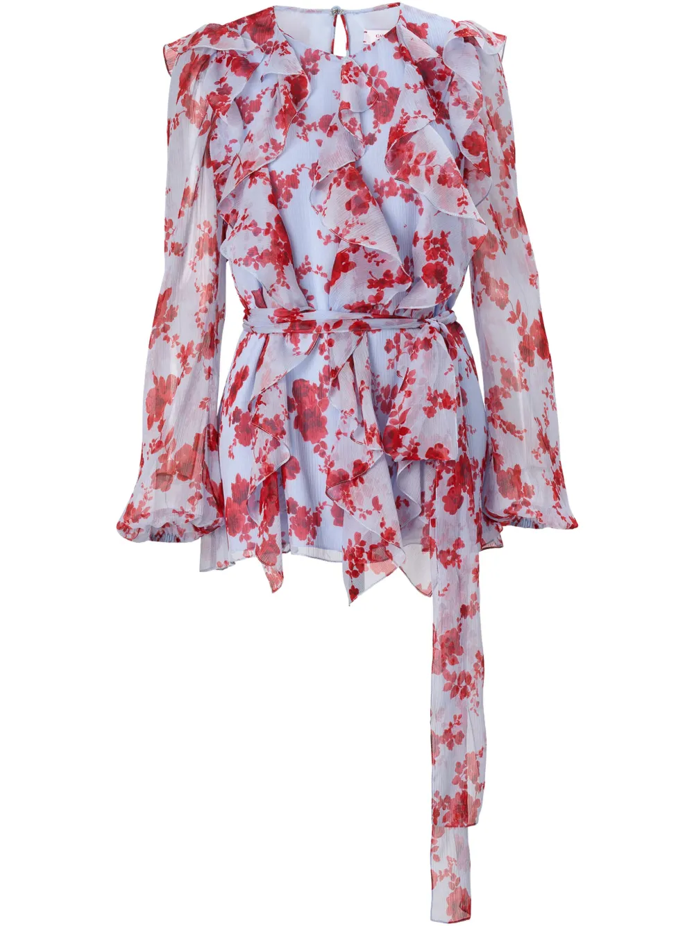 

Шелковый топ с оборками и цветочным принтом Carolina Herrera, синий