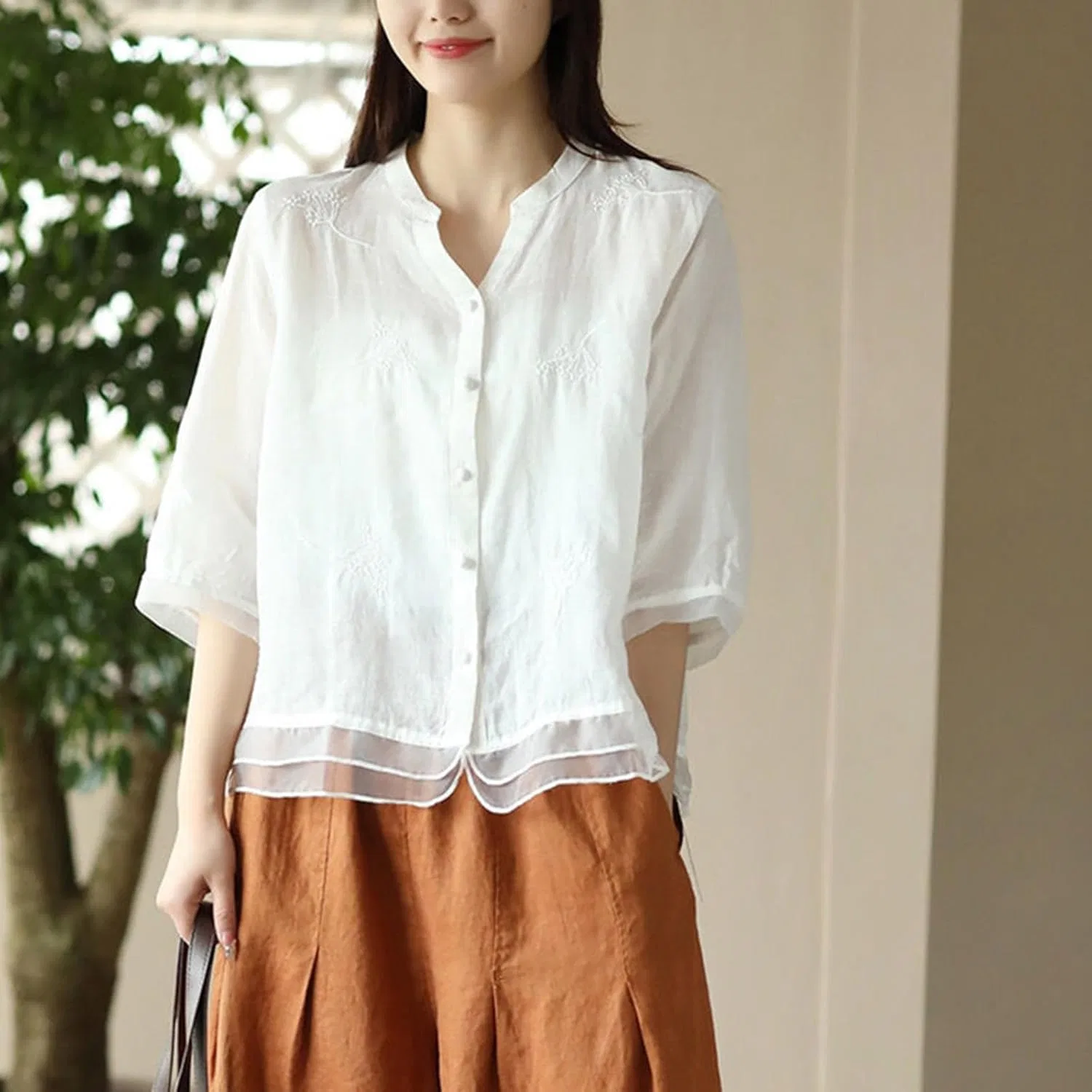 Блуза, льняная, Cotton Linen T-Shirt, белый — фото 2