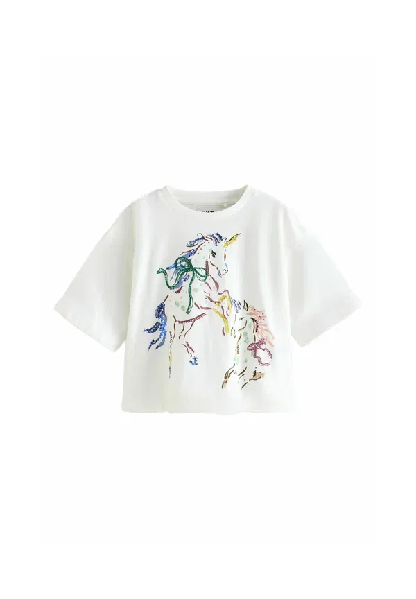 Футболка Next, Regular fit sequin graphic oversized boxy t-shirt, белый единорог — фото 4
