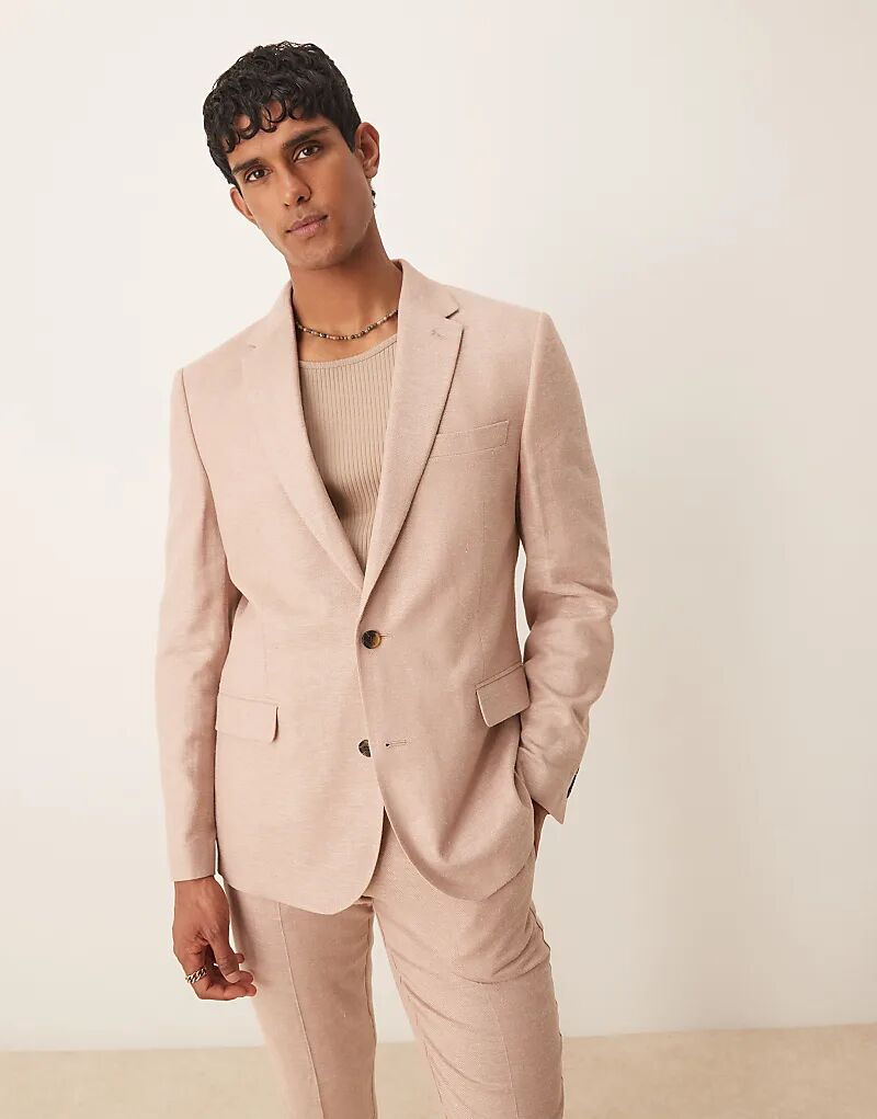 

Тонкий льняной пиджак ASOS DESIGN с узором «в ёлочку» цвета «камень»