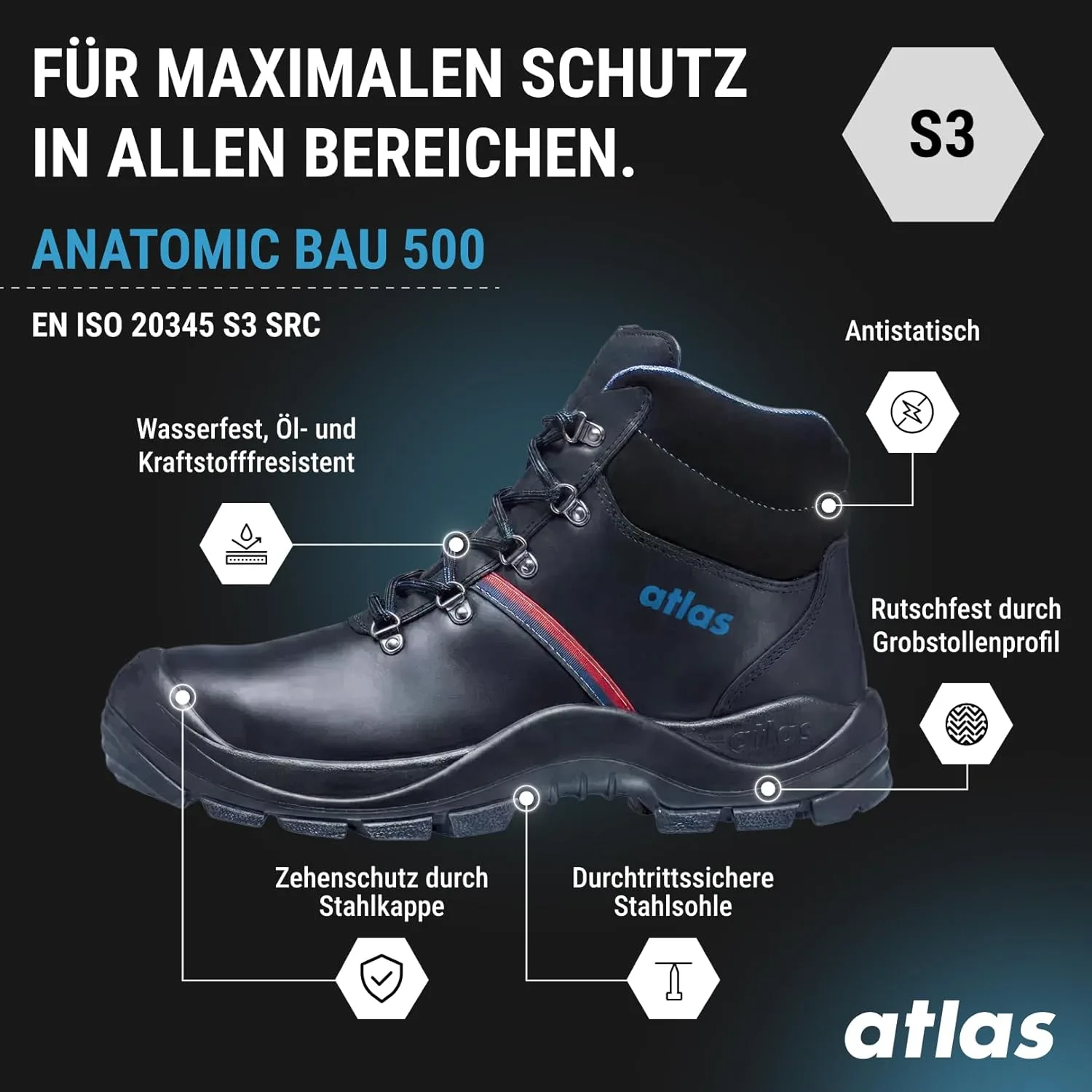 Защитная обувь Atlas Anatomic Bau 500 - рабочая обувь класса: EN ISO 20345:2004 S3, черный — фото 2