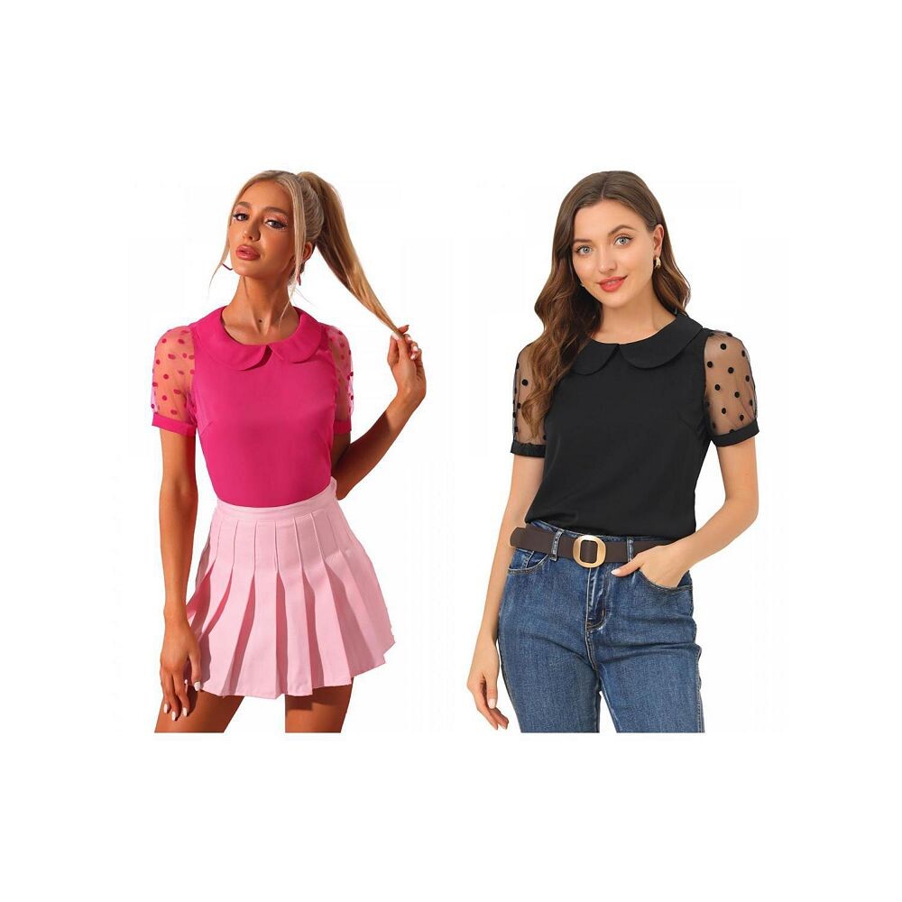 

Комплект из 2 комплектов женских винтажных блузок с сетчатыми рукавами в горошек и воротником Питера Пэна, с короткими рукавами ALLEGRA K, цвет Black Hot Pink