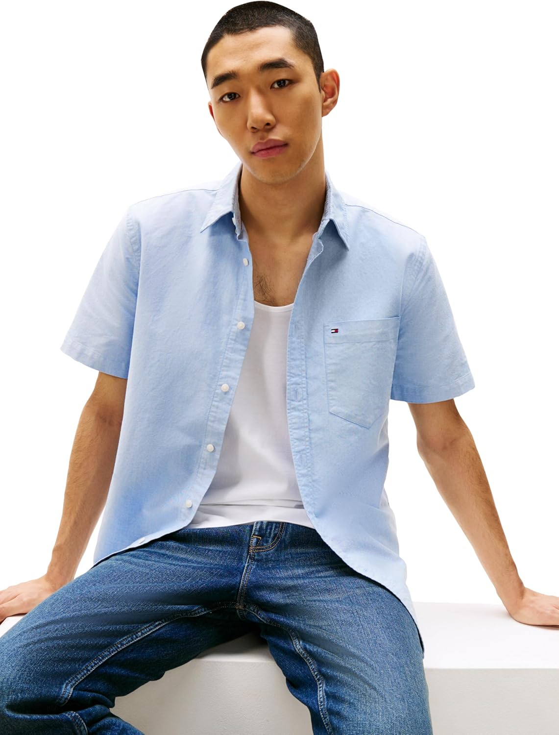 Рубашки оксфорды Tommy Hilfiger Men's с коротким рукавом, классический крой, мужские рубашки на пуговицах, Shirt Blue — фото 2