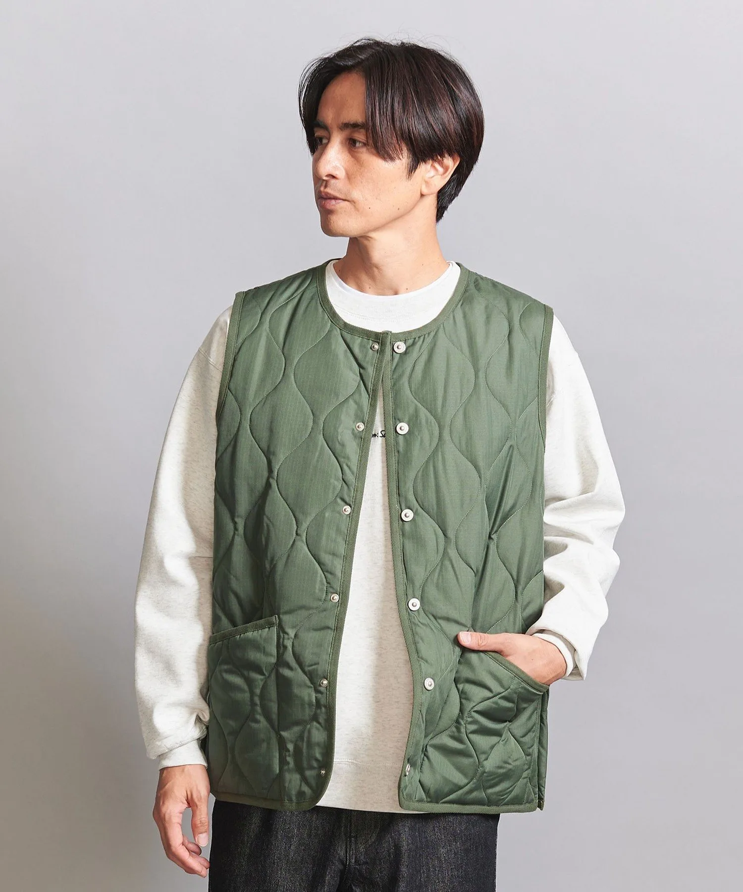 Военный жилет с воротником вниз Beauty&Youth United Arrows, Olive