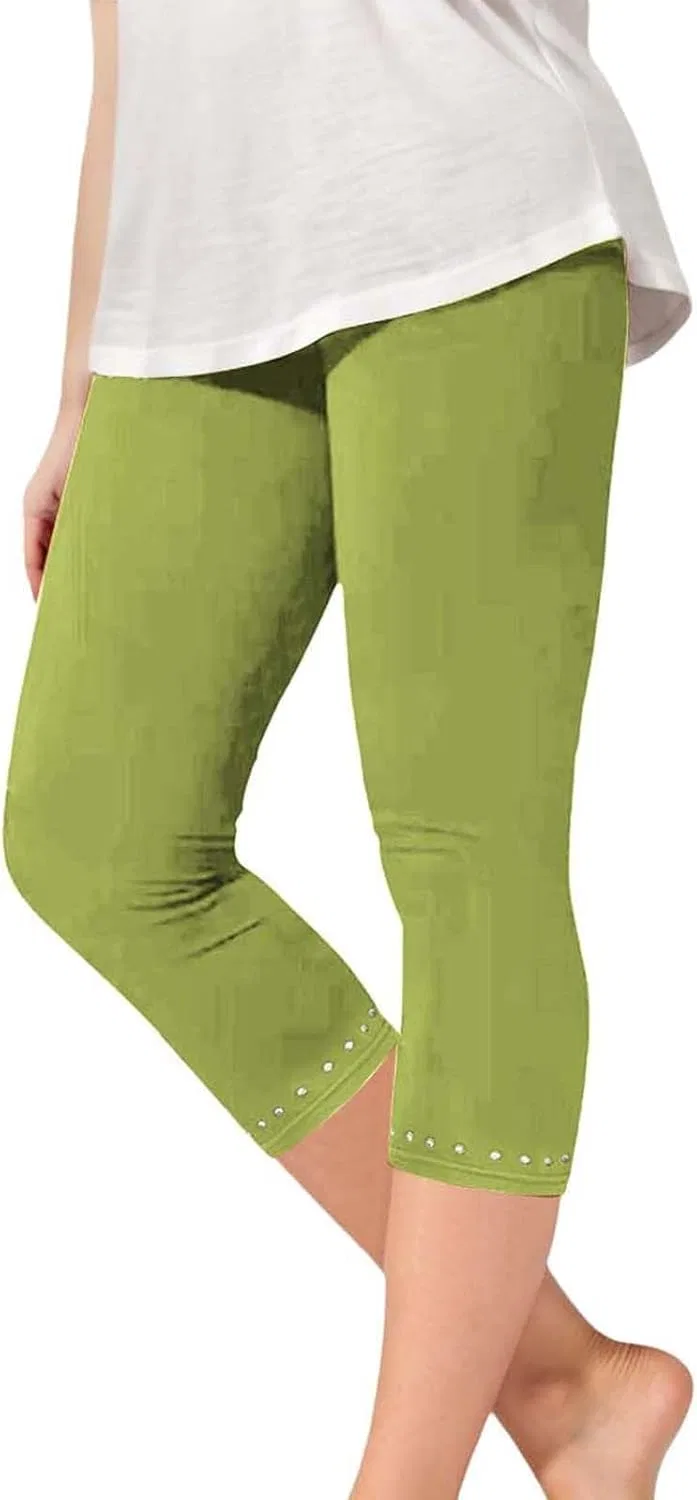 Леггинсы 3/4 с завышенной талией и кружевной отделкой, Green-1
