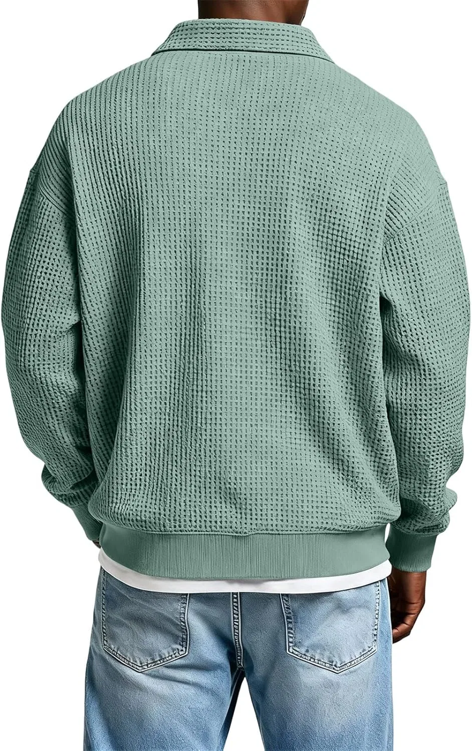 Мужская рубашка поло с длинным рукавом, вафельная вязка, Generic, A007- Light Green — фото 2
