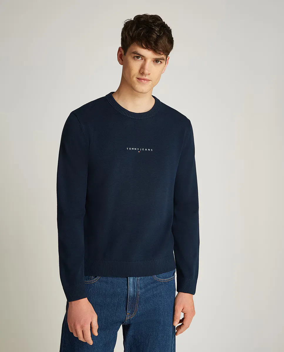 

Мужской приталенный свитер с вышитым логотипом Tommy Jeans, тёмно-синий