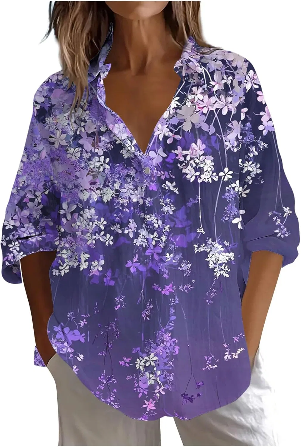 Женская блуза, свободный крой, с длинным рукавом, высоким воротом, Polyester, C-458 Purple