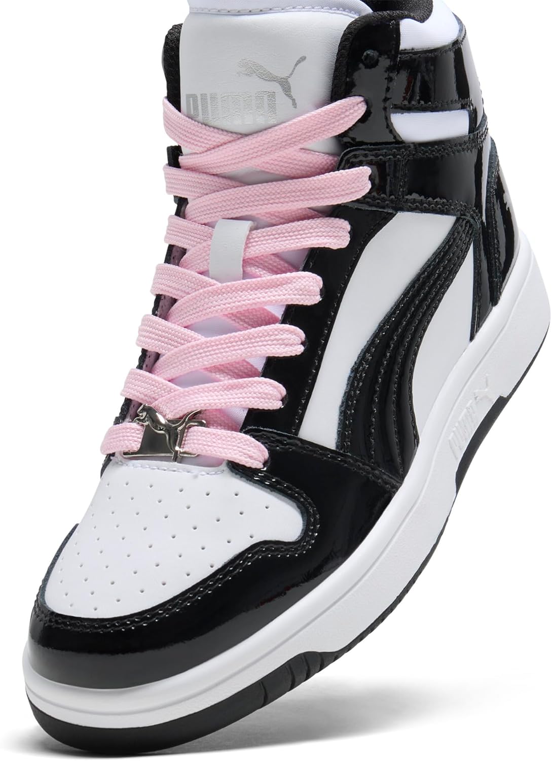 Кроссовки PUMA Rebound Layup Mid для мальчиков, белый/черный/розовый/бледно-розовый — фото 4