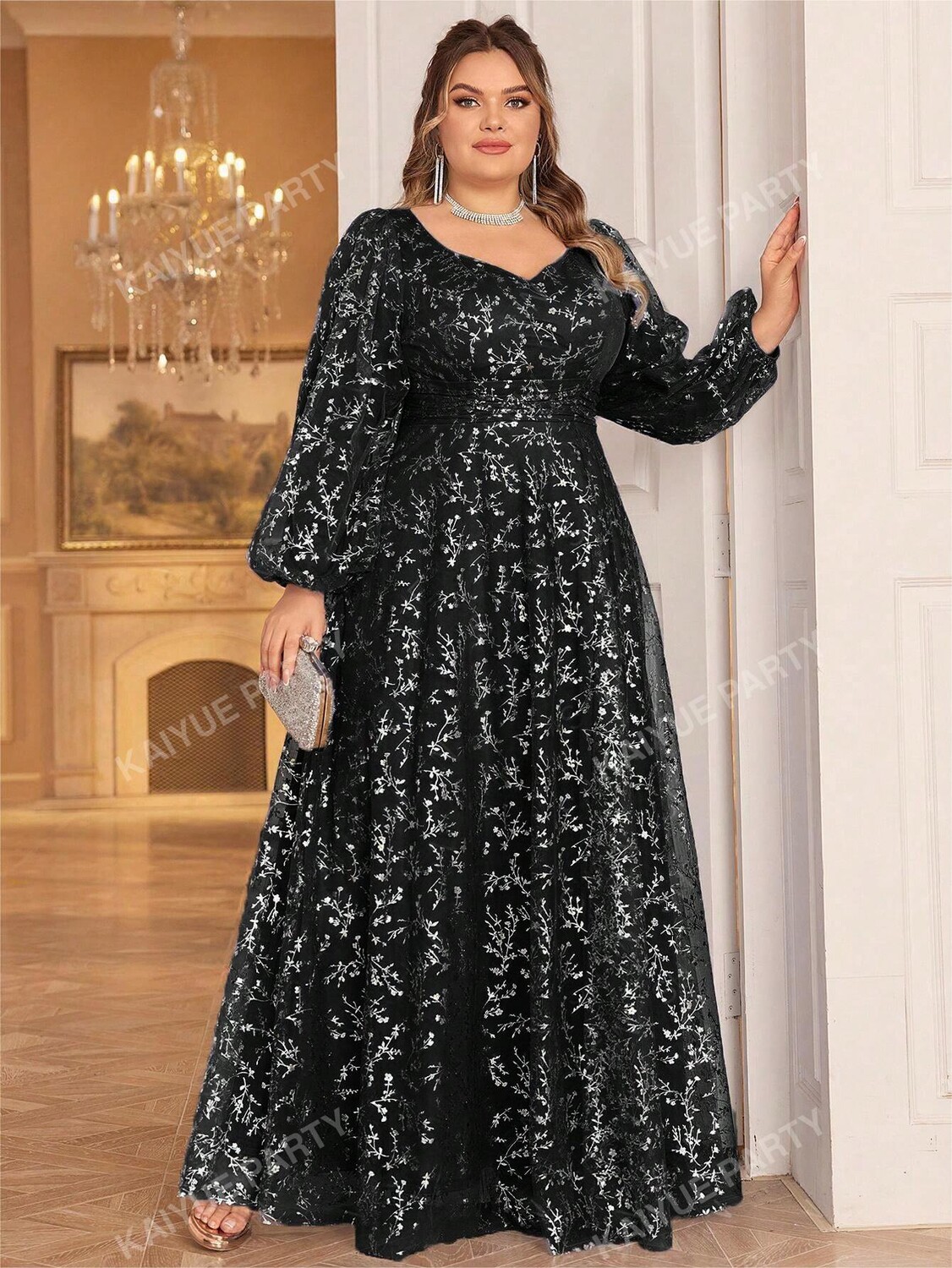 

Плюс размер Платье с круглым вырезом и рукавом-фонариком с пайетками и милой сердечком, черный