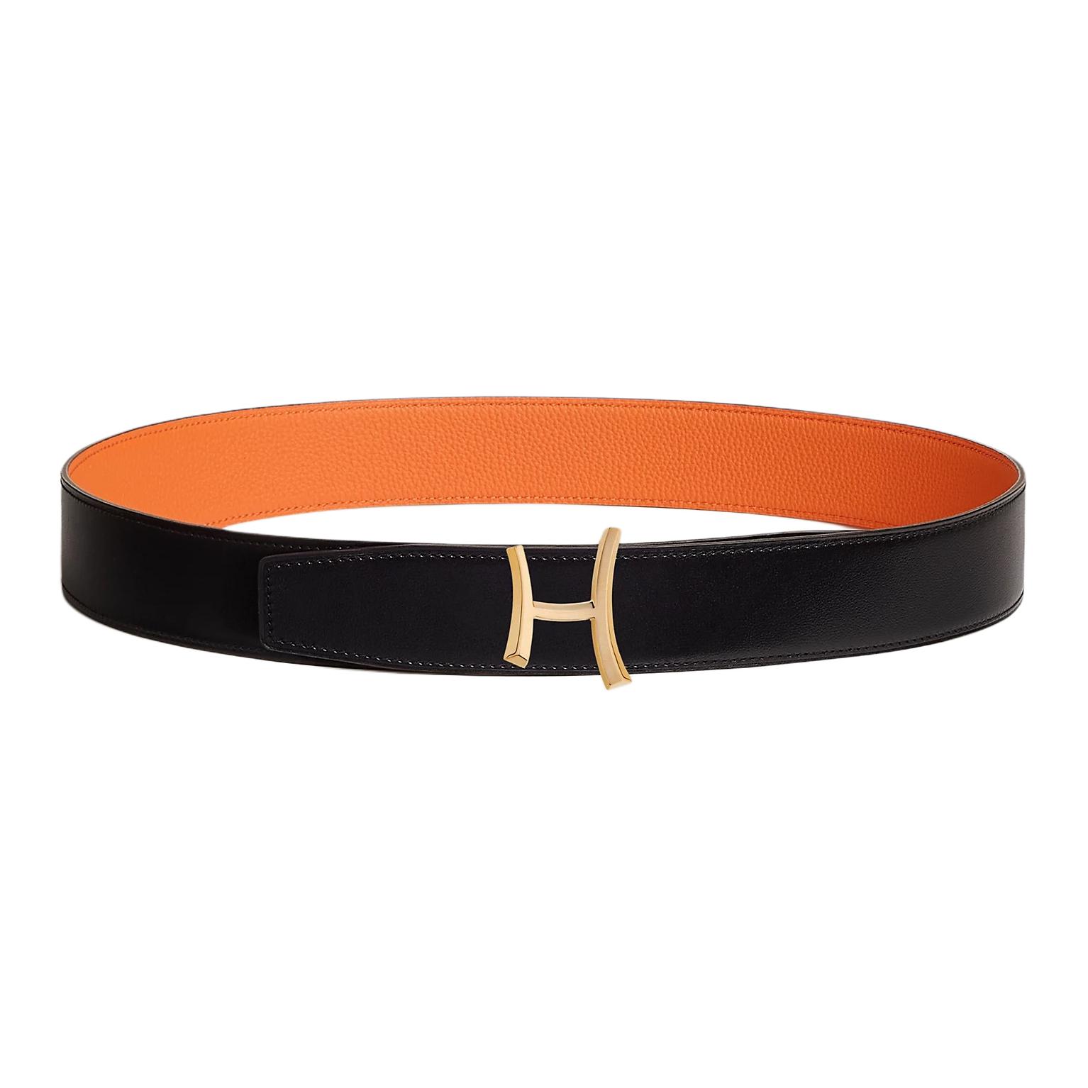 

HERMES Кожаный ремень из телячьей кожи, Black/Orange