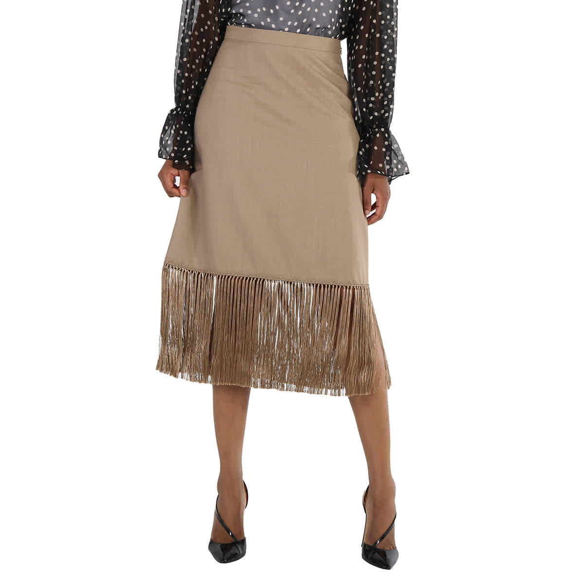 

Burberry Ladies Pecan Melange Юбка из шерсти и кашемира с высокой талией и бахромой по подолу, Pecan Melange