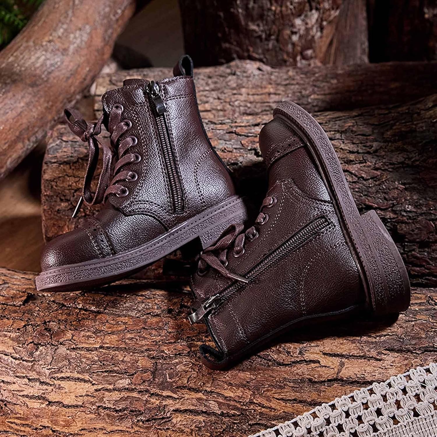 Детские ботильоны для девочек на шнуровке, с молнией сбоку, кожаные, в стиле милитари и гот, короткие прогулочные ботинки Generic, #023 — фото 3