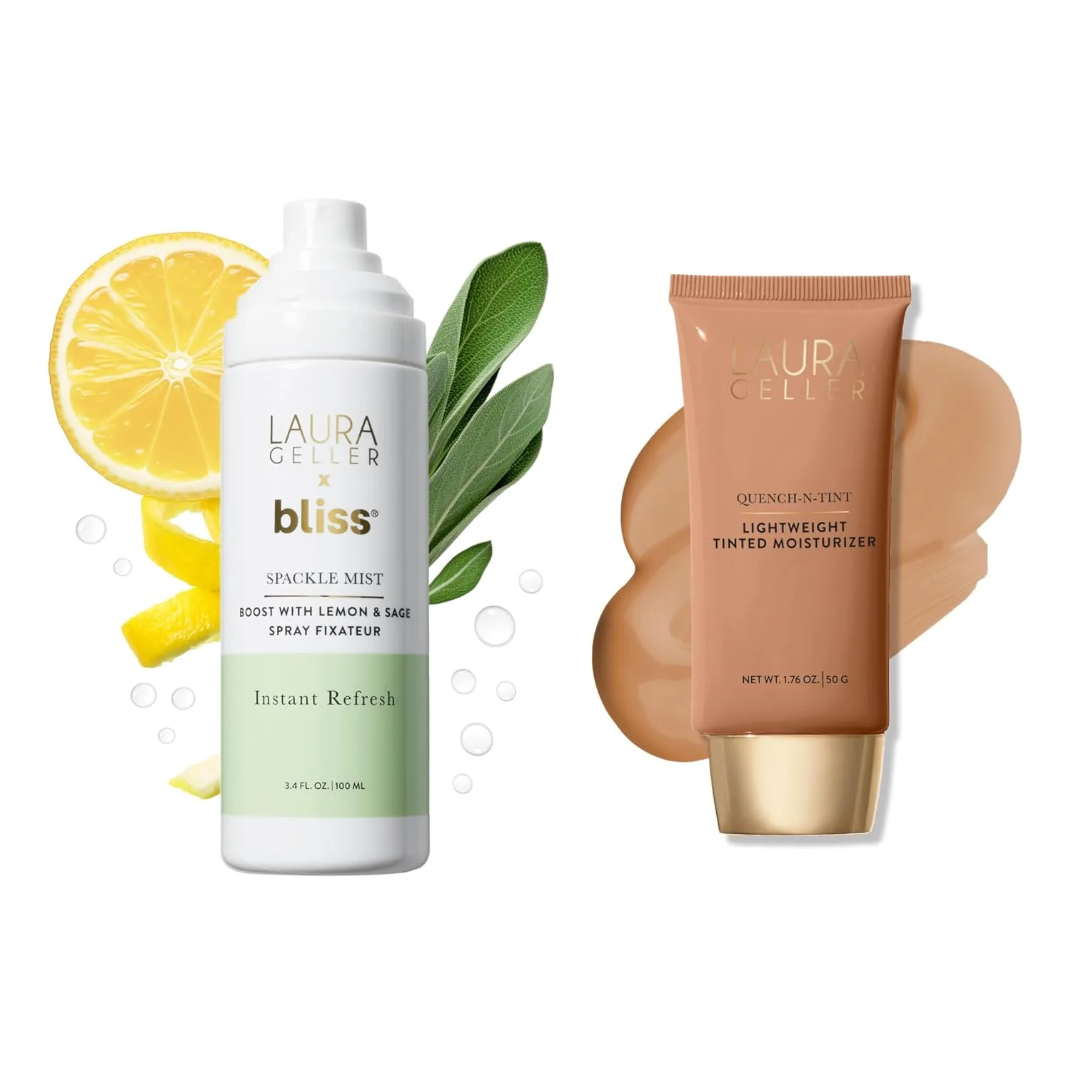 LAURA GELLER Spackle Mist Lemon & Sage + Quench-n-Tint: Dewy Makeup Setting Spray + Quench-n-Tint Foundation, Medium/Deep, Medium/Deep