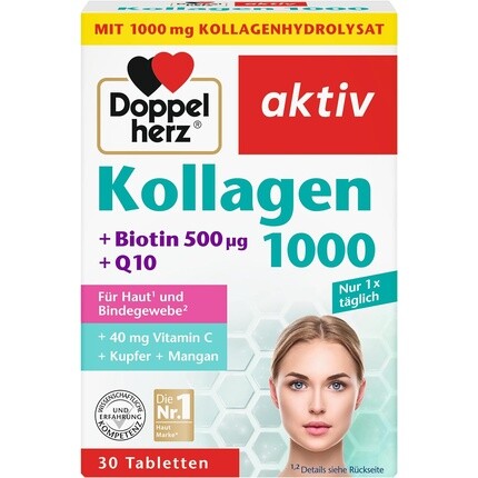 

Doppelherz Active Collagen 1000 плюс 500 мкг биотина плюс Q10 для кожи и соединительной ткани с медью и марганцем 30 таблеток