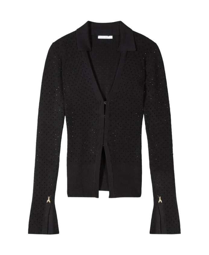 

Черный свитер со стразами, V-образный вырез, длинные рукава. Patrizia Pepe, черный