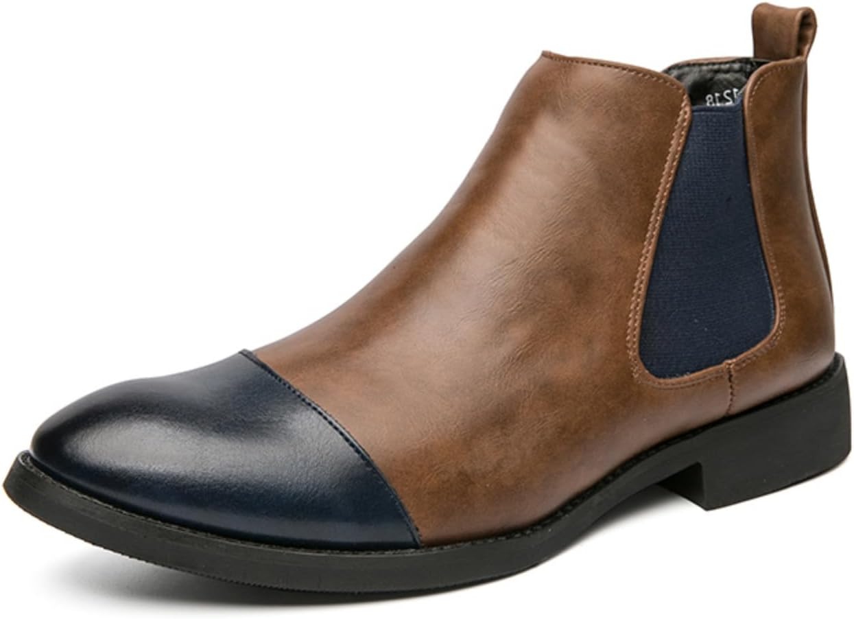 

Мужские кожаные ботинки Челси, без застежки, двухцветные, с окантовкой носка, средние, повседневные ботинки до щиколотки, нескользящие, удобные и легкие для бизнес-встреч, работы в офисе, прогулок и поездок Yrzhgdl, синий