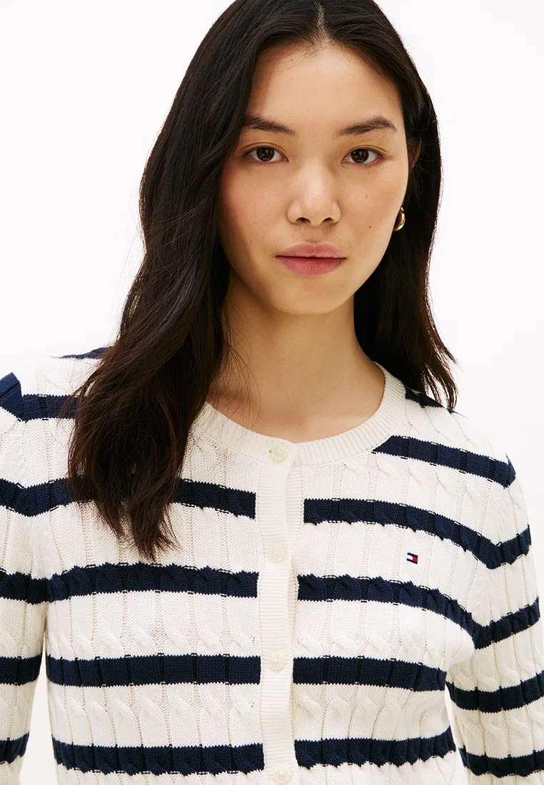 Кардиган, кабельная вязка, круглый вырез, TH Mainline Tommy Hilfiger, темно-синий — фото 3