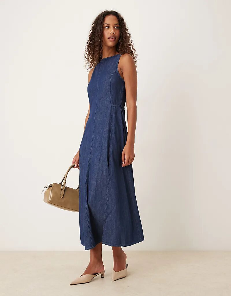 

Платье-борцовка мидакси из денима ASOS DESIGN с декоративными швами темно-синего цвета