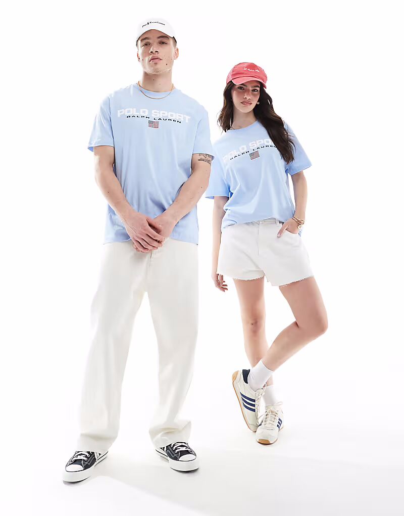 

Футболка Polo Ralph Lauren Sport Capsule унисекс с большим логотипом на груди, классического свободного кроя, светло-голубого цвета
