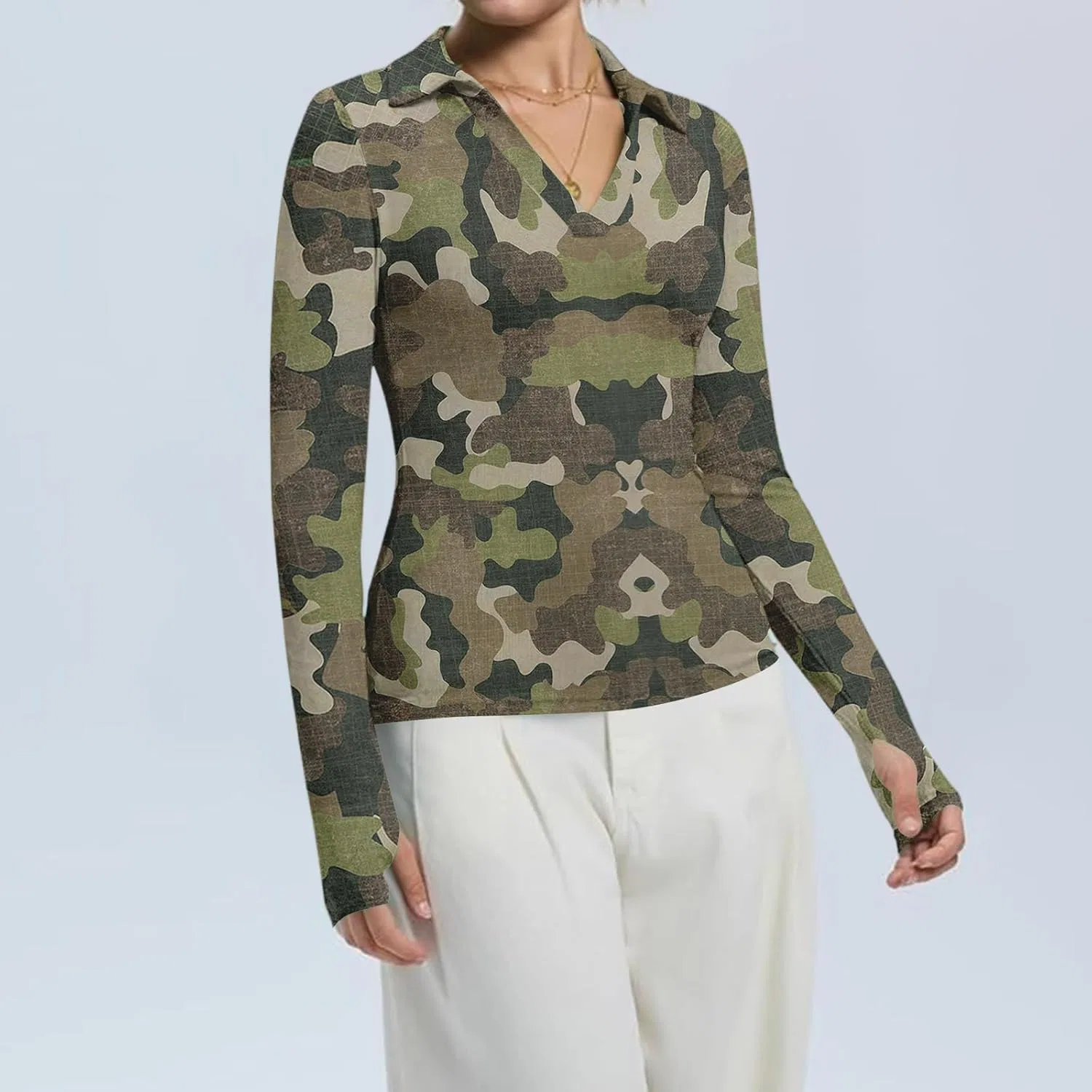 Активная футболка женская с v-вырезом, длинным рукавом, Army Green — фото 3