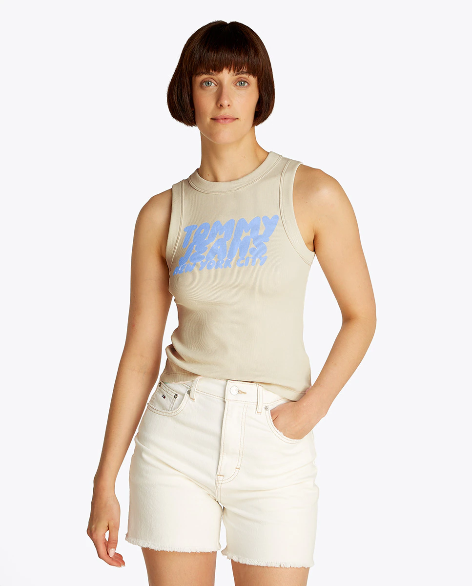 

Женский облегающий топ без рукавов с логотипом в виде пузырька Tommy Jeans, кремовый