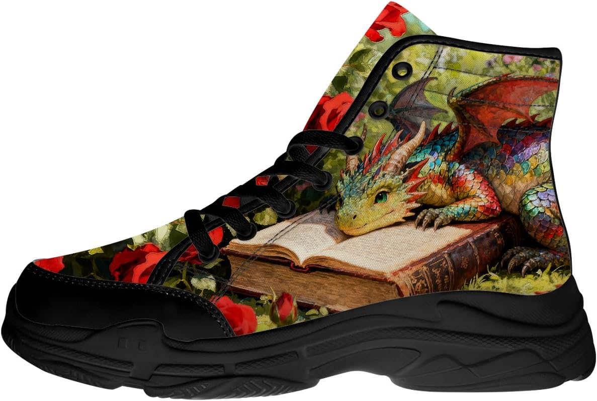 

Кроссовки Dragon Reading Book для женщин и мужчин, высокие шнуровочные кеды из ткани, подарки для нее и для него Quorax, черный/красный/зеленый