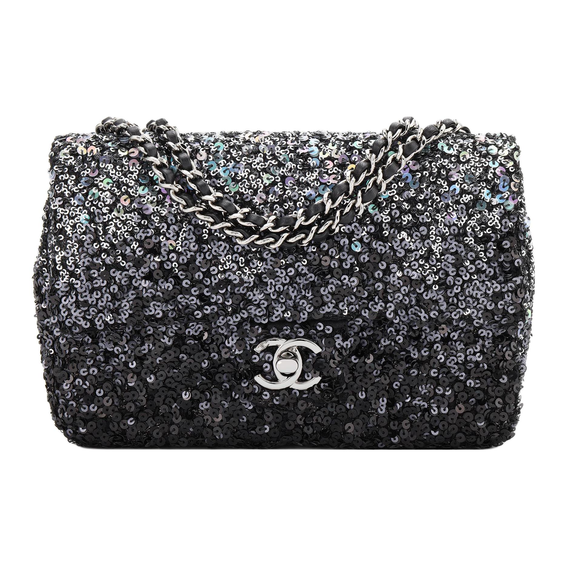 

CHANEL Классическая женская сумка-клапан из CF-кожи с пайетками, через плечо, с черными пайетками
