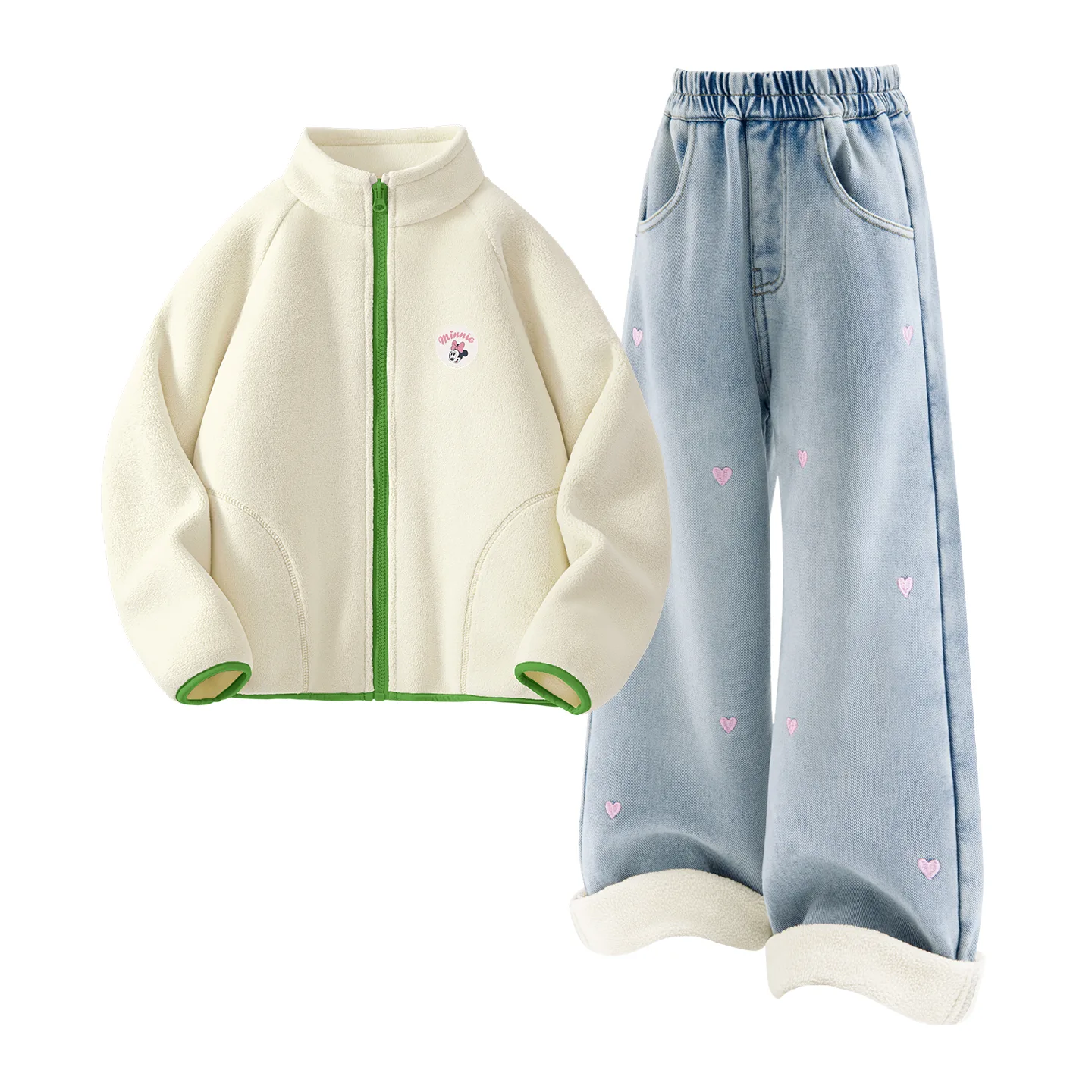 Детский спортивный комплект Casual Sportswear из 2 предметов Disney, [Thickened and Fleece-Lined]Dini Medium Round Hook-and-Loop K Light Milk White+Solid Color Denim Light Blue
