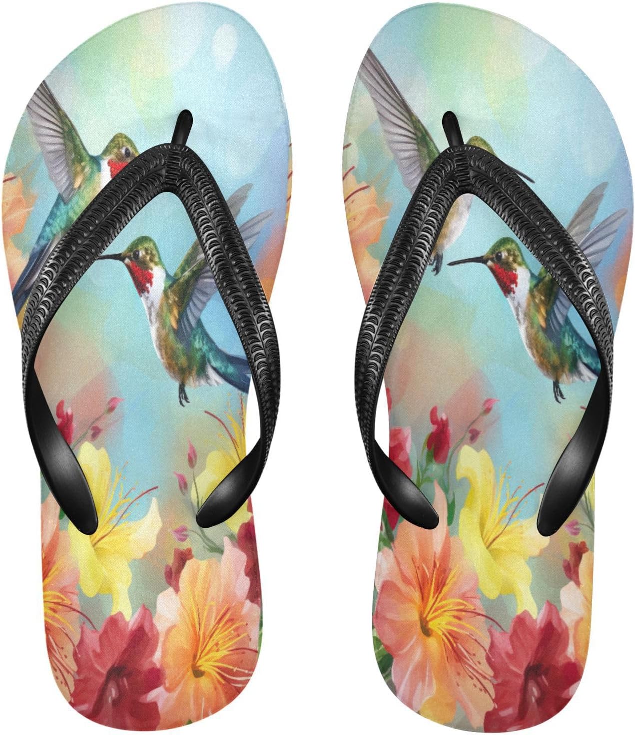 

Шлепанцы с акварельным рисунком колибри и цветов, пляжные сандалии-вьетнамки, резинескользящие летние тапочки для женщин и мужчин Sinestour, Watercolor Hummingbirds Flowers