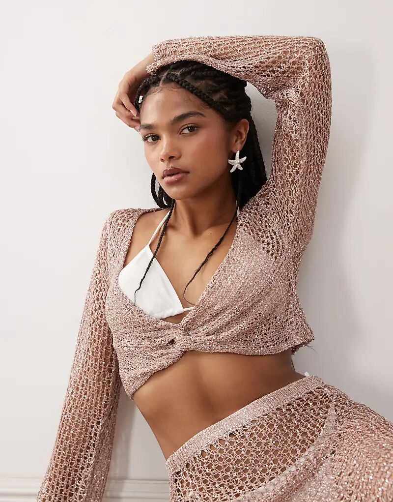 

Пляжный топ Miss Selfridge с длинными рукавами, отделанный пайетками и перекрученной отделкой, пыльно-розового цвета