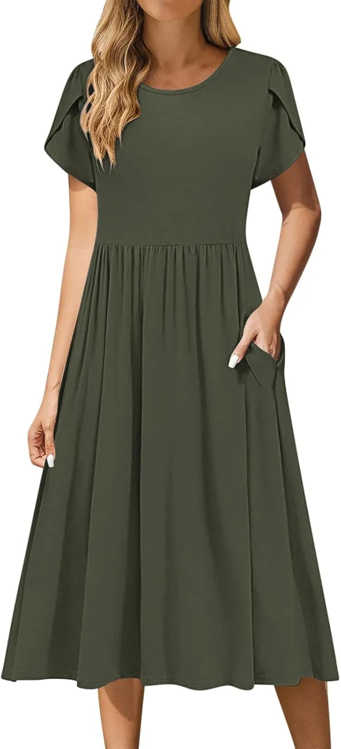Летние платья миди для женщин, повседневные платья с короткими рукавами и круглым вырезом, платья для отдыха на пляже, сарафаны для отпуска Generic, зеленый