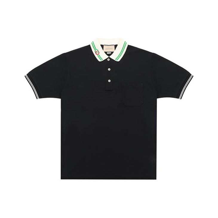 

GUCCI Мужская хлопковая пике-поло с узором Interlocking G Black, Черный, GUCCI Мужская хлопковая пике-поло с узором Interlocking G Black