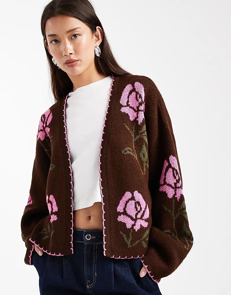 

Кардиган Miss Selfridge с цветочным узором и узором «накидка» шоколадного цвета