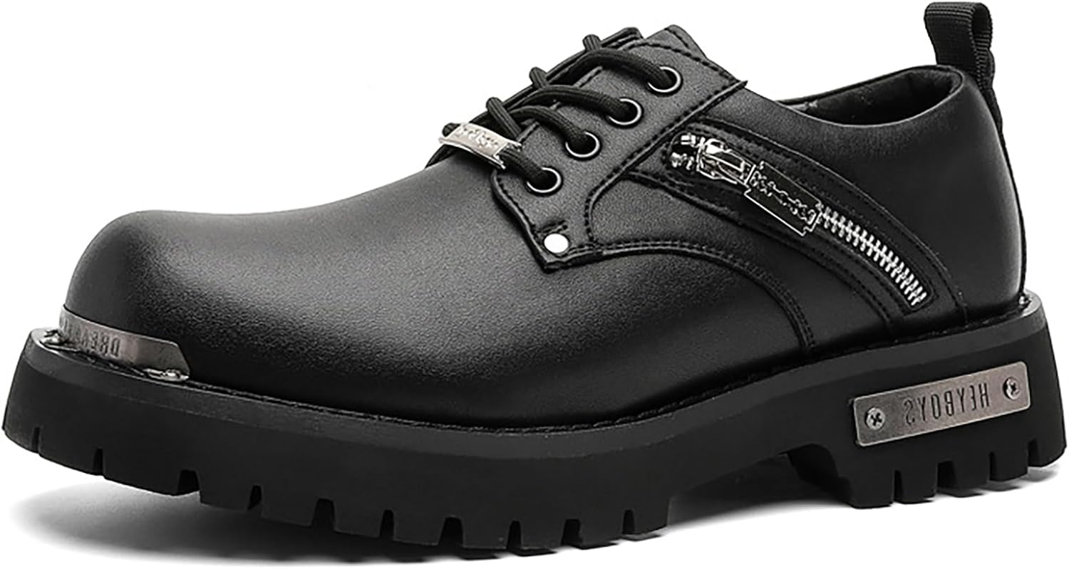 

Мужские черные кожаные массивные туфли-оксфорды на платформе, модные готические с металлическим декором, с круглым носком, на шнуровке, с рифленой подошвой, дерби для бизнеса, формальной работы в офисе, свадеб, вечеринок и повседневной носки Nen...