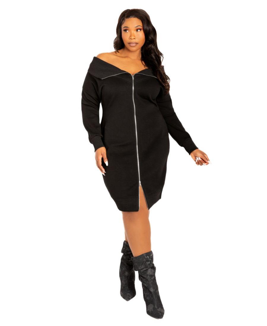 

Женское платье-свитер большого размера с открытыми плечами и застежкой-молнией Buxom Couture, Black