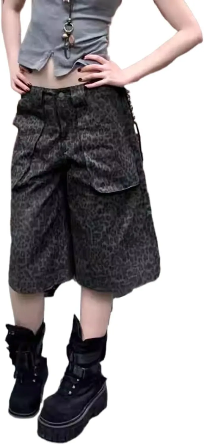 

Джинсы Cheetah Jorts Leopard High Waist Baggy Loose Straight Leg Oversized Best Rose