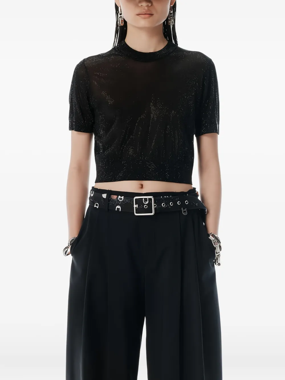 Укороченный топ с короткими рукавами Alexander Wang, черный — фото 4