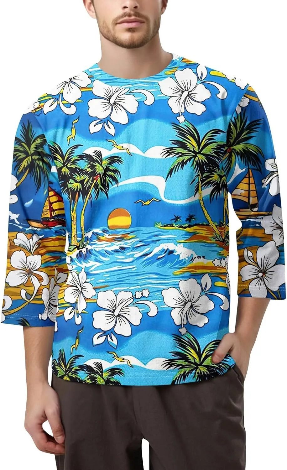 

WENKOMG1 мужская футболка с гавайским принтом, три четверти, летняя пляжная, S-4XL