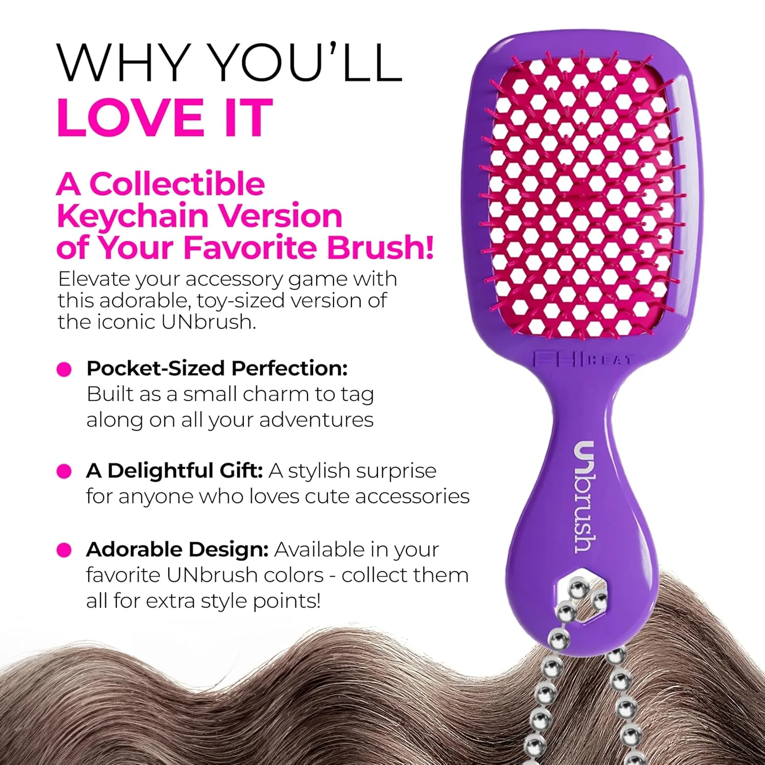 Брелок-расческа FHI Heat UNbrush Super Mini - коллекционный миниатюрный аксессуар для сумок и ключей - для любительниц красоты., Electric Berry — фото 2