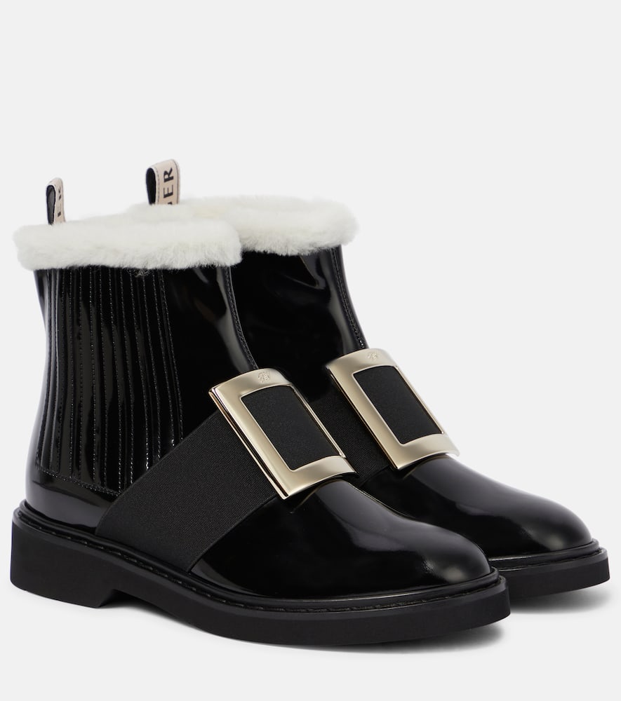 Ботинки Viv' Rangers на щиколотку из кожи с овчиной Roger Vivier, Nero+Stucco Ch.