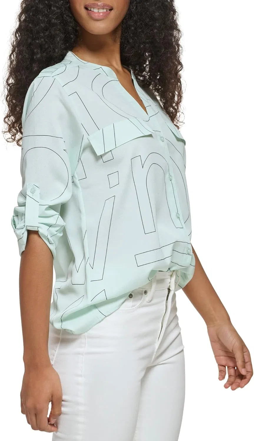Блуза с принтом, поли CDC Pocket Poly CDC Roll Tab Sleeve, Calvin Klein, бирюзово-черный — фото 2