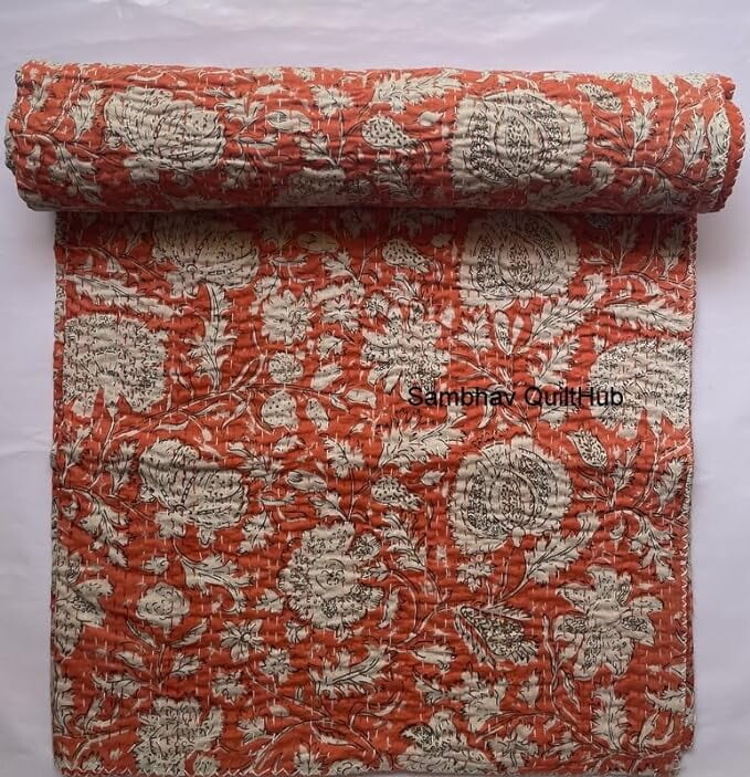 

Одеяло хлопковое с цветочным принтом Kantha Sambhav Quilt Hub, оранжевый