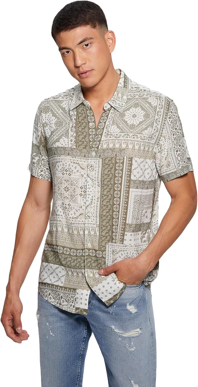 

GUESS мужская рубашка из экологичного вискозы с пэчворк принтом, Patchwork Tile Green