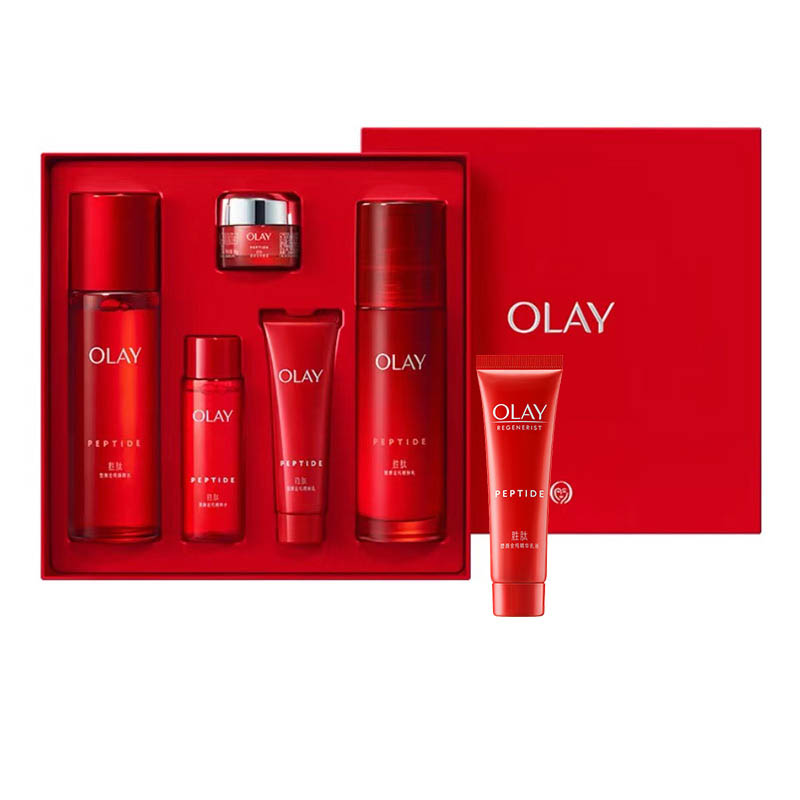 Olay 2 большие красные бутилированные воды и набор уходовой косметики для молочной кожи, набор из шести средств с пептидами для подтяжки и увлажнения — фото 2