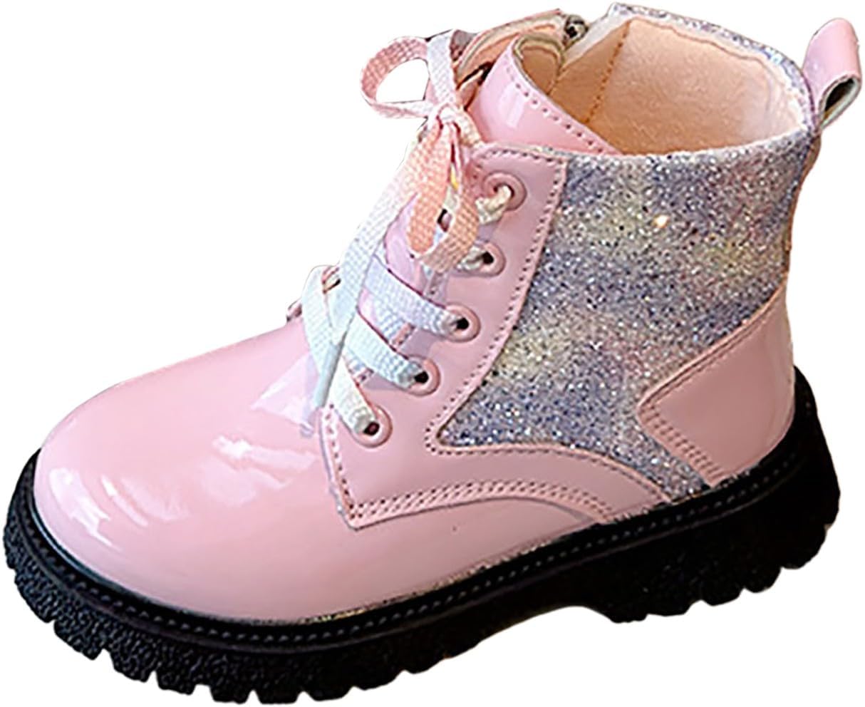 

Ботинки для девочек на шнуровке, короткие с блестками, боковая молния, низкий массивный каблук, демисезонные ботильоны для осени, зимы и весны, водонепроницаемые, с нескользящей подошвой Generic, Red